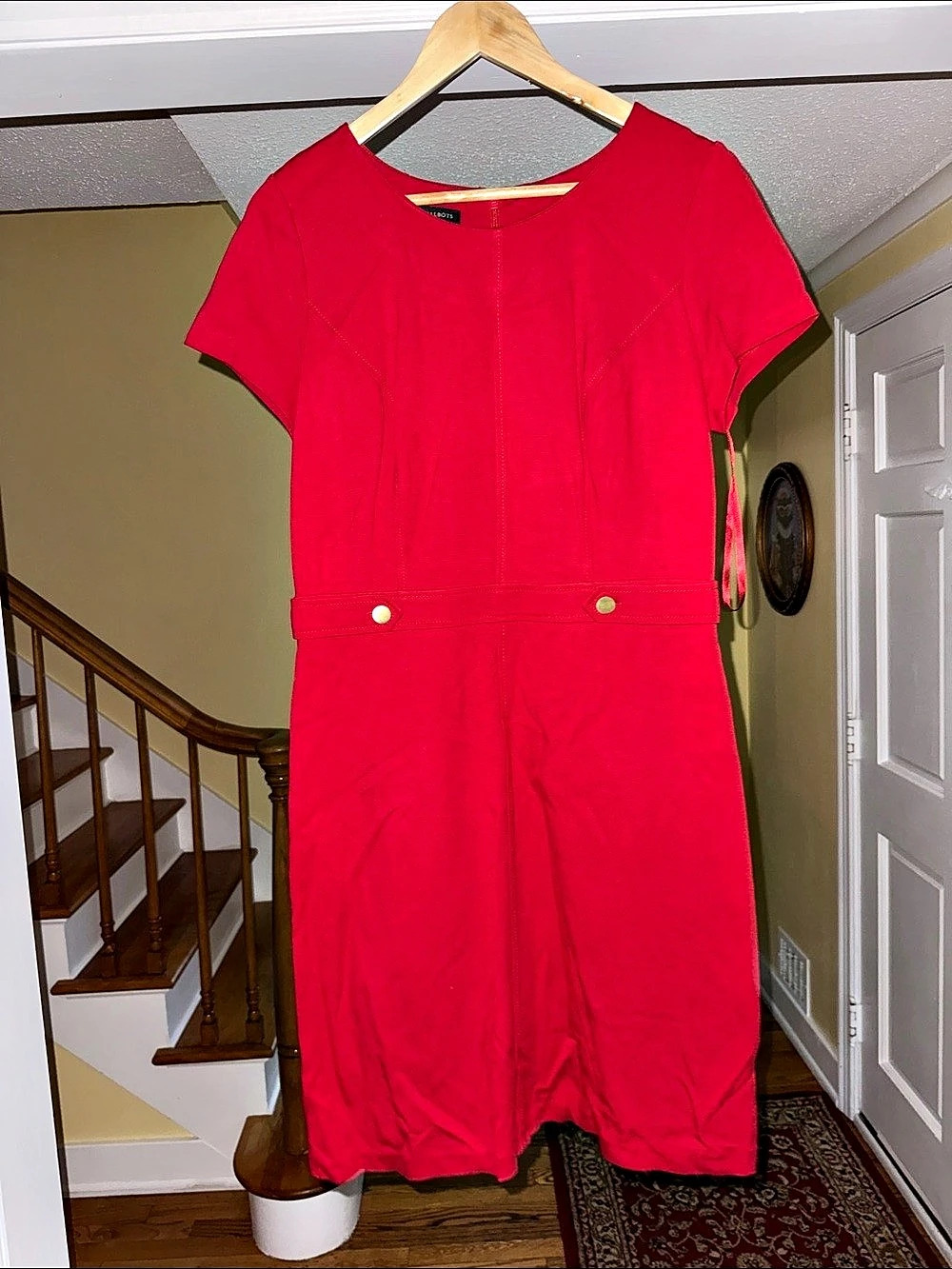 Talbots Red Short Sleeve Sheath Dress with Gold Waist Buttons Gold Waist Buttons